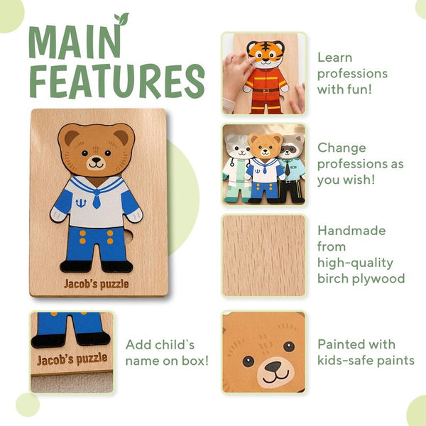 Engraved Jigsaw Jobs Dress up Puzzle With Animals, Wooden Professions Matching Toy, Gift 3 Years Old