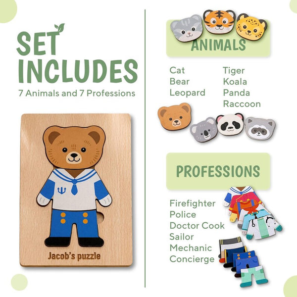Engraved Jigsaw Jobs Dress up Puzzle With Animals, Wooden Professions Matching Toy, Gift 3 Years Old