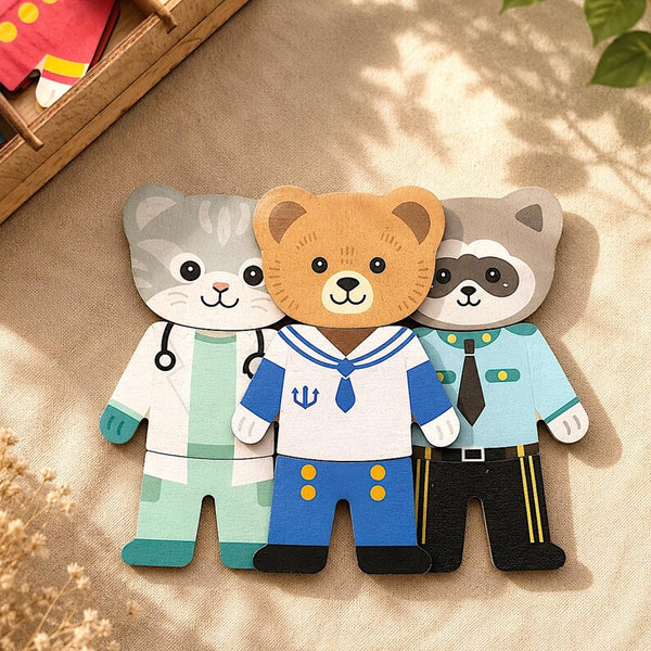 Engraved Jigsaw Jobs Dress up Puzzle With Animals, Wooden Professions Matching Toy, Gift 3 Years Old