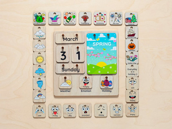 Wooden Kids Calendar With Removable Pieces for the Date, Month, and Day of the Week