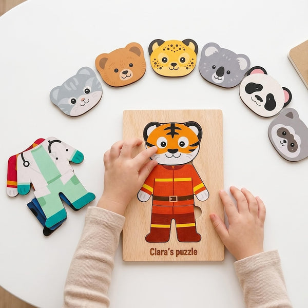 Engraved Jigsaw Jobs Dress up Puzzle With Animals, Wooden Professions Matching Toy, Gift 3 Years Old