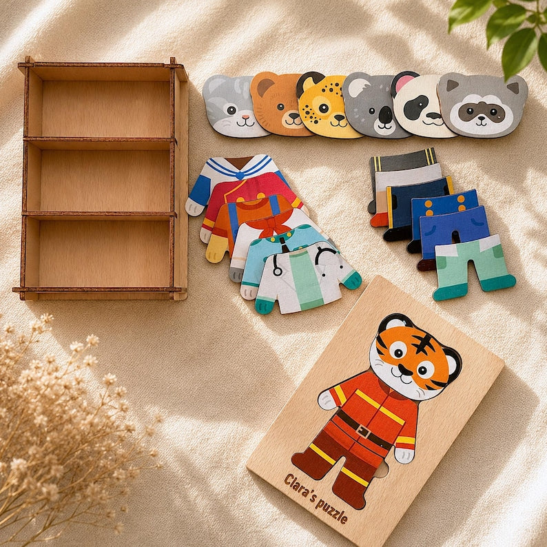 Engraved Jigsaw Jobs Dress up Puzzle With Animals, Wooden Professions Matching Toy, Gift 3 Years Old