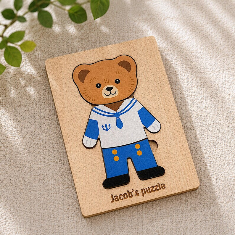 Engraved Jigsaw Jobs Dress up Puzzle With Animals, Wooden Professions Matching Toy, Gift 3 Years Old