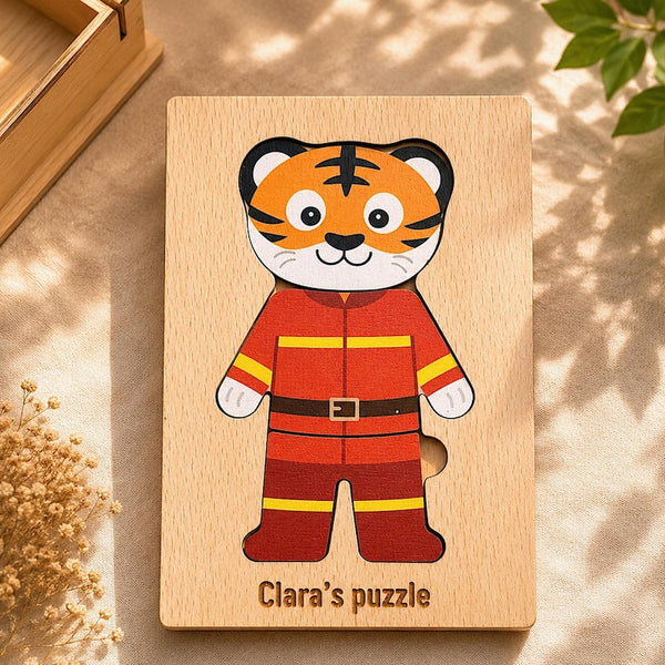 Engraved Jigsaw Jobs Dress up Puzzle With Animals, Wooden Professions Matching Toy, Gift 3 Years Old