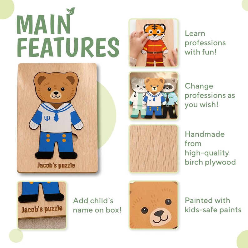 Engraved Jigsaw Jobs Dress up Puzzle With Animals, Wooden Professions Matching Toy, Gift 3 Years Old