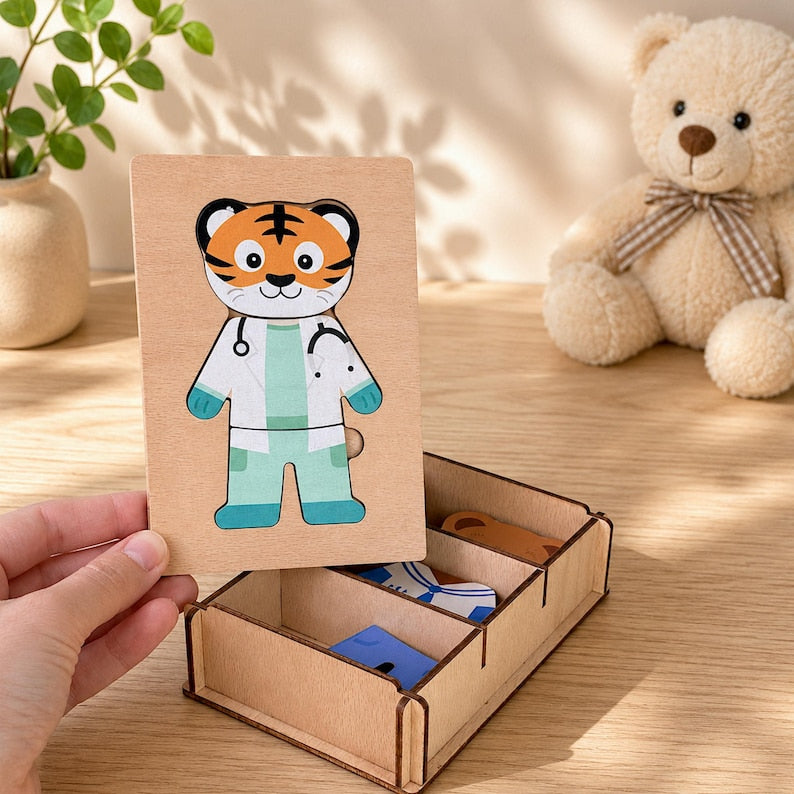 Engraved Jigsaw Jobs Dress up Puzzle With Animals, Wooden Professions Matching Toy, Gift 3 Years Old