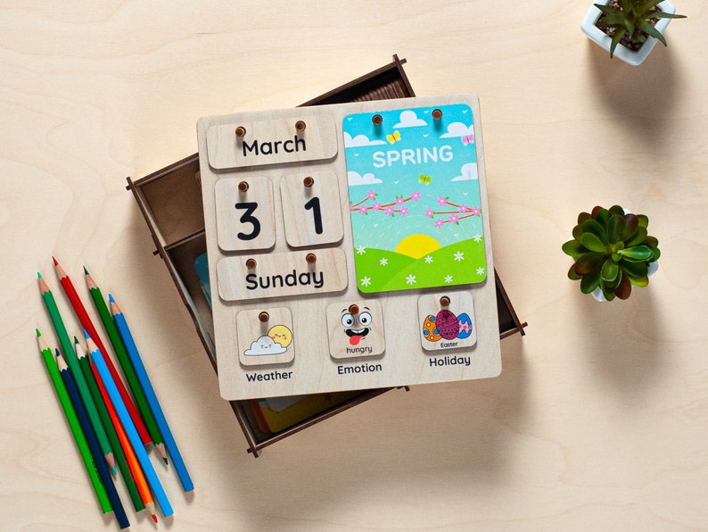 Wooden Kids Calendar With Removable Pieces for the Date, Month, and Day of the Week