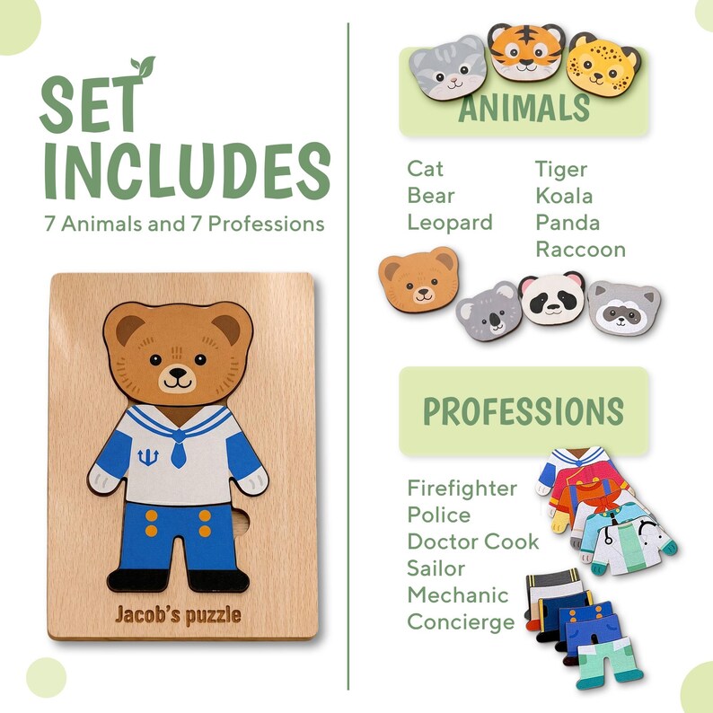 Engraved Jigsaw Jobs Dress up Puzzle With Animals, Wooden Professions Matching Toy, Gift 3 Years Old