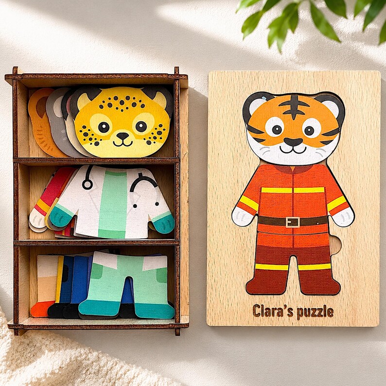 Engraved Jigsaw Jobs Dress up Puzzle With Animals, Wooden Professions Matching Toy, Gift 3 Years Old
