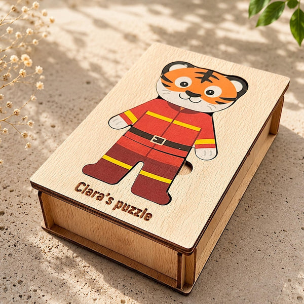 Engraved Jigsaw Jobs Dress up Puzzle With Animals, Wooden Professions Matching Toy, Gift 3 Years Old