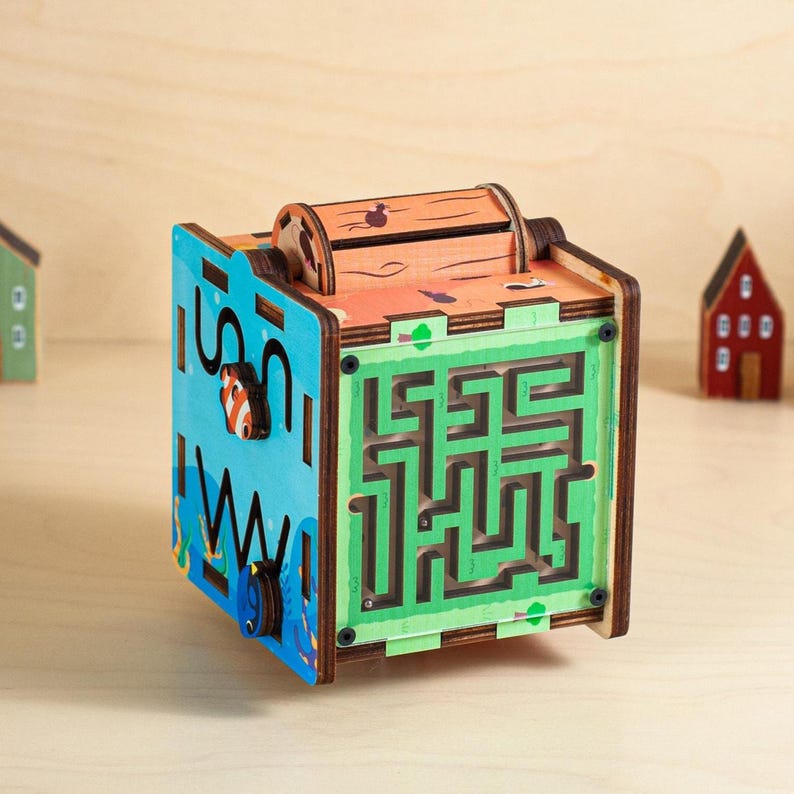 Bright and Large Busy Cube, Wooden Activity Cube for Kids, Sensory Maze Busy Box, Fine Motor Skills