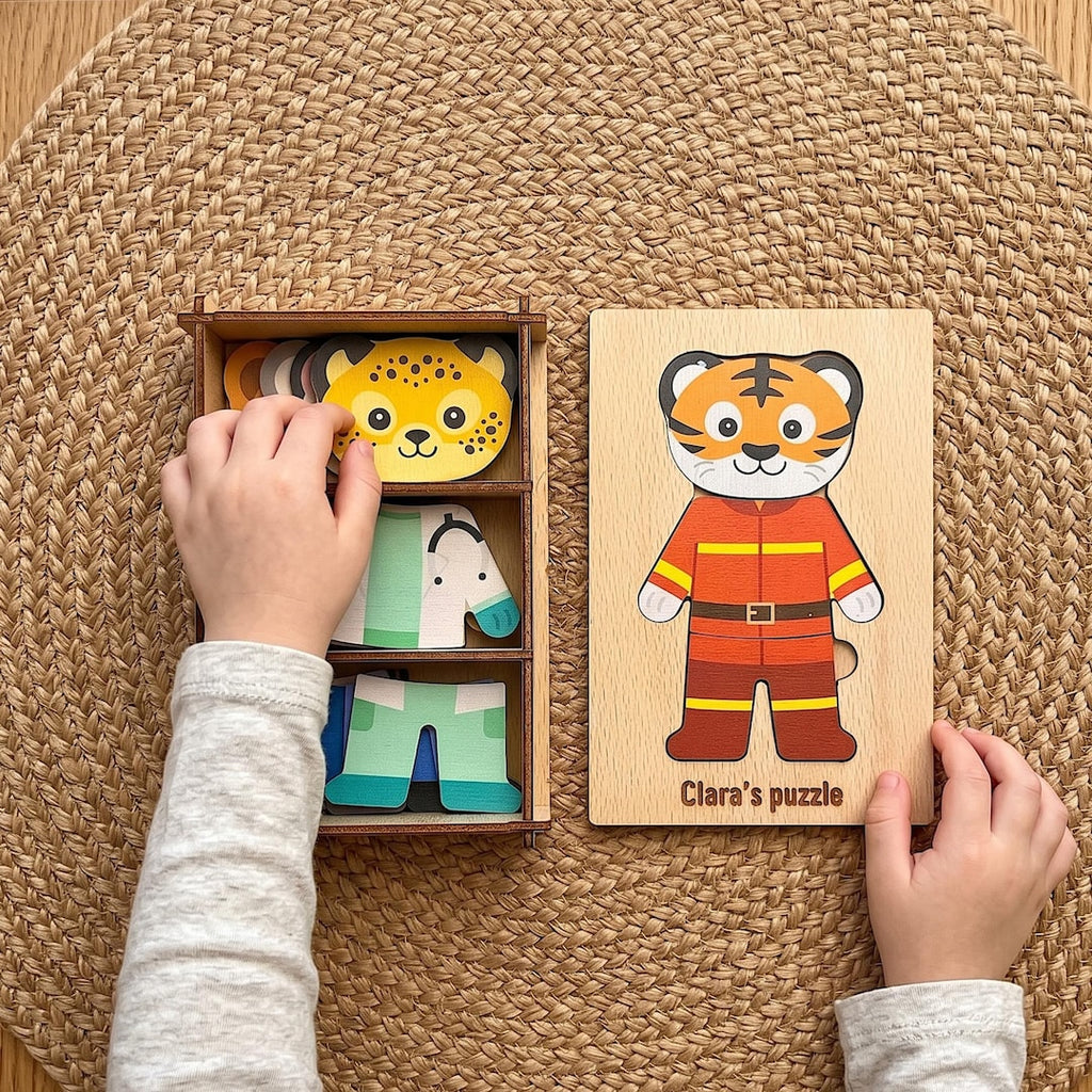 Engraved Jigsaw Jobs Dress up Puzzle With Animals, Wooden Professions Matching Toy, Gift 3 Years Old