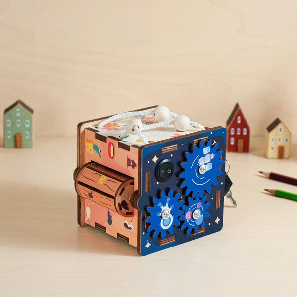 Bright and Large Busy Cube, Wooden Activity Cube for Kids, Sensory Maze Busy Box, Fine Motor Skills
