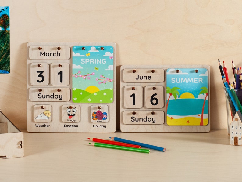 Wooden Kids Calendar With Removable Pieces for the Date, Month, and Day of the Week