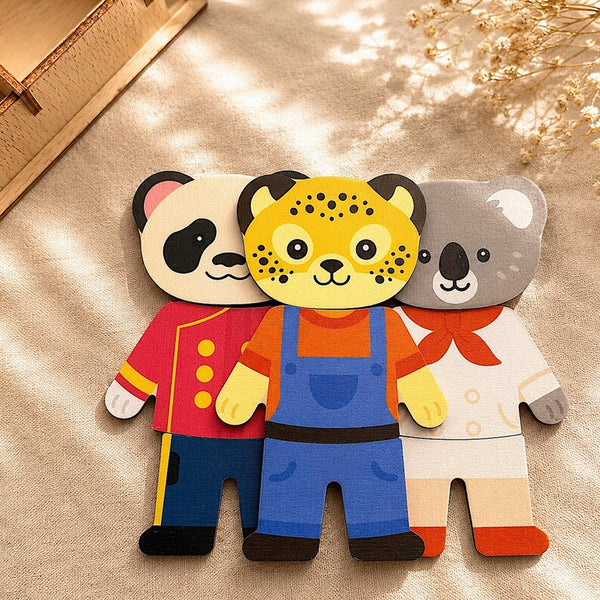 Engraved Jigsaw Jobs Dress up Puzzle With Animals, Wooden Professions Matching Toy, Gift 3 Years Old